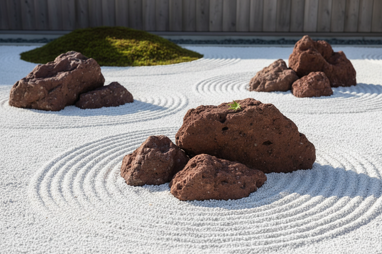 Rocas volcanicas rojas jardin japones