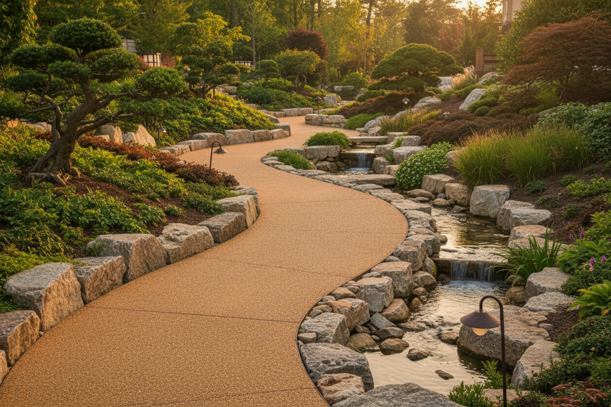 A winding amber path is lined with rocks in a landscaped garden. Showcase garden design, material, landscaping, or outdoor concepts.