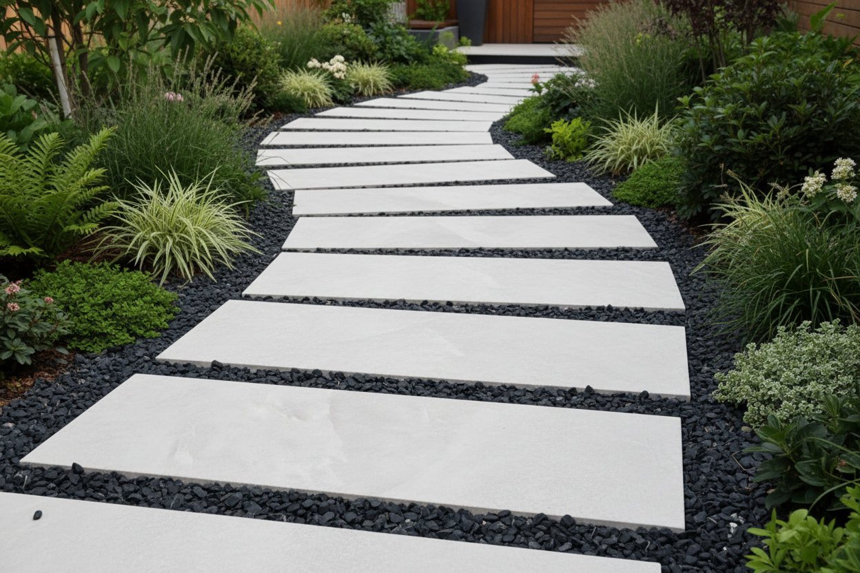 losas blancas 120x60x2 cm camino grava negra