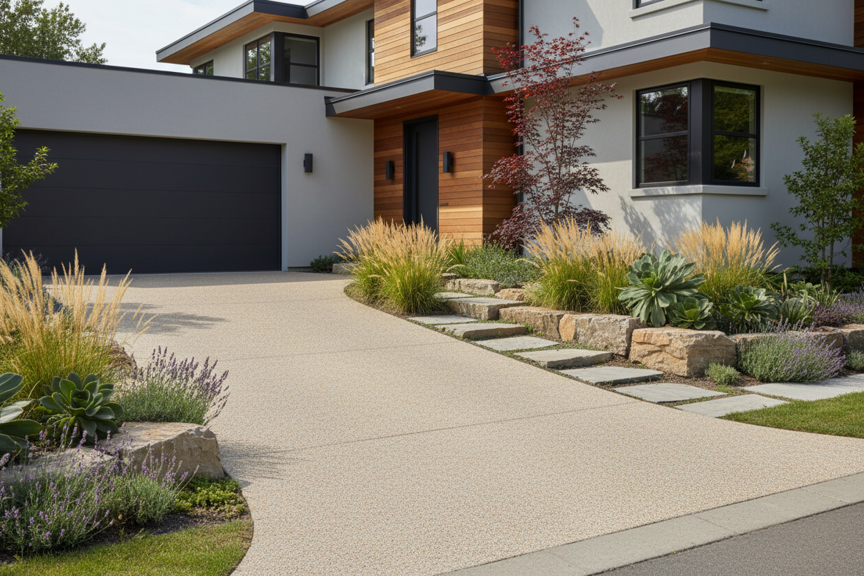 Modern Home Garage and Driveway - Stylish modern home with a dark gray garage door and a light beige resin driveway, landscaped garden
