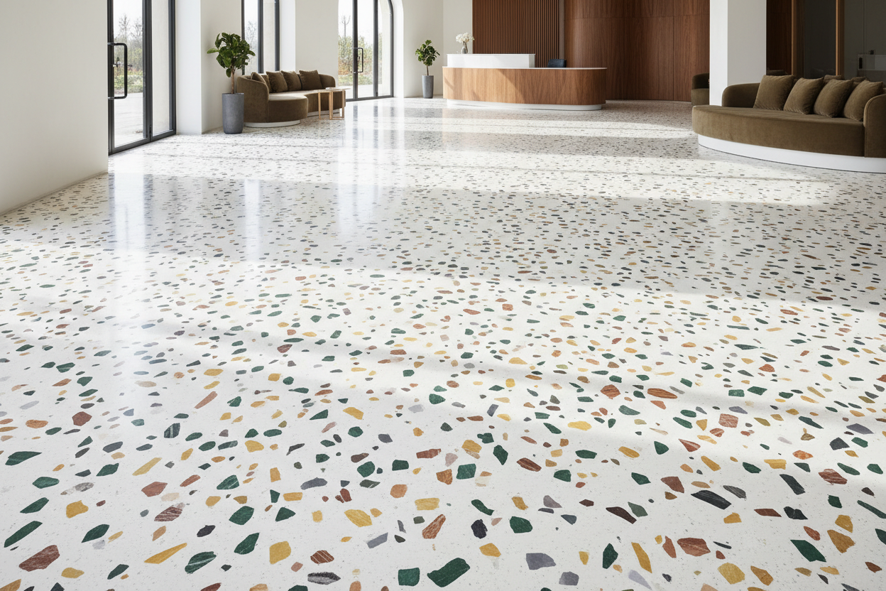 una foto de un pavimento tipo sikafloor terrazzo