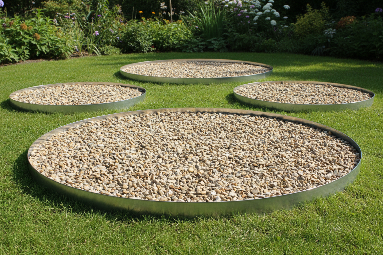 unos parterres redondos con grava decorativa formados por una chapa de acero galvanizado de 4 cm. de altura