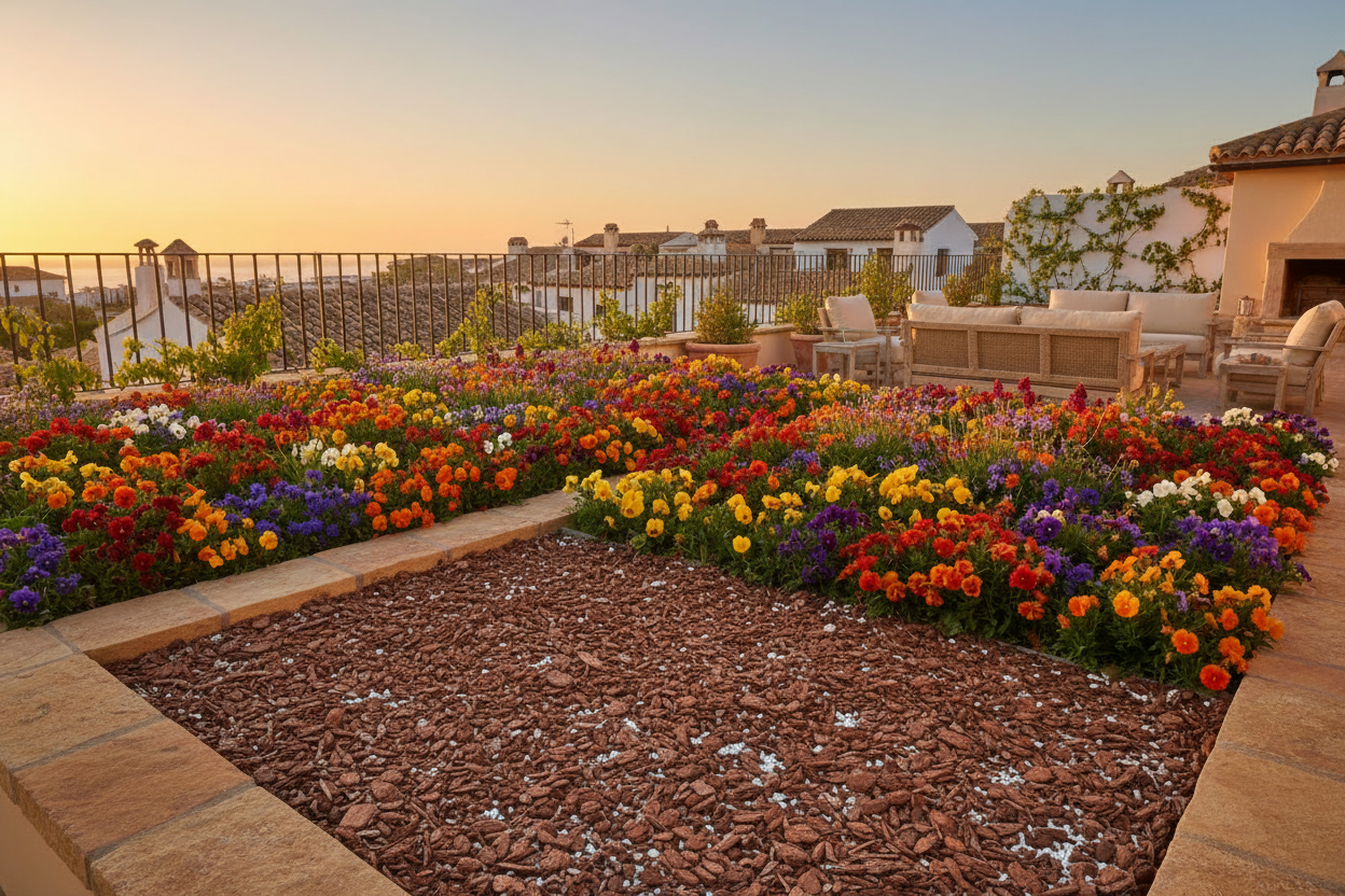 un atico en un atardecer con unos parterres grandes con flores y como sustrato corteza de pino triturada pegada con resina de fijación para que no se mueva