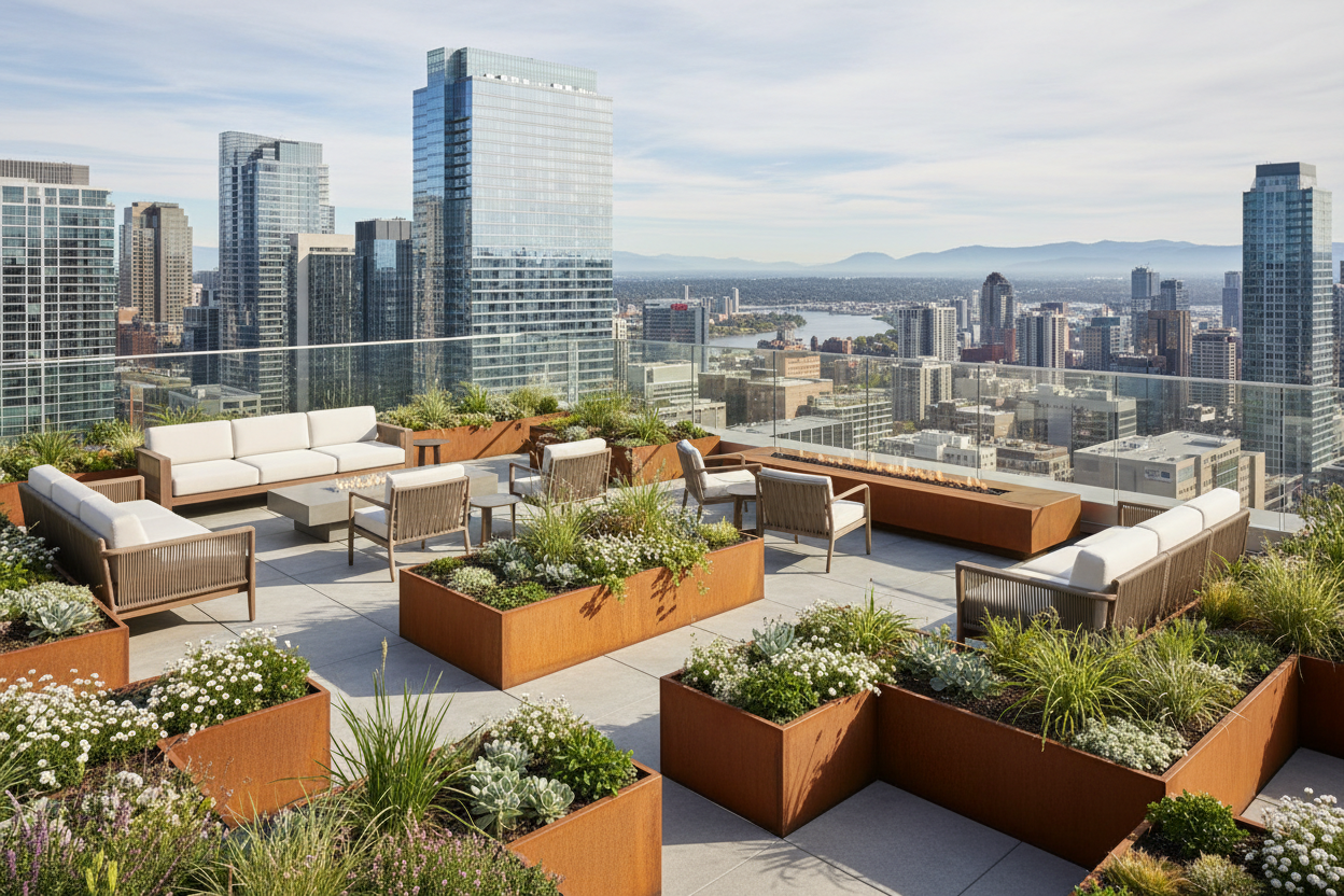 un atico espectacular con unos parterres rectangulares hechos con chapa de acero corten de 4 cm. de altura