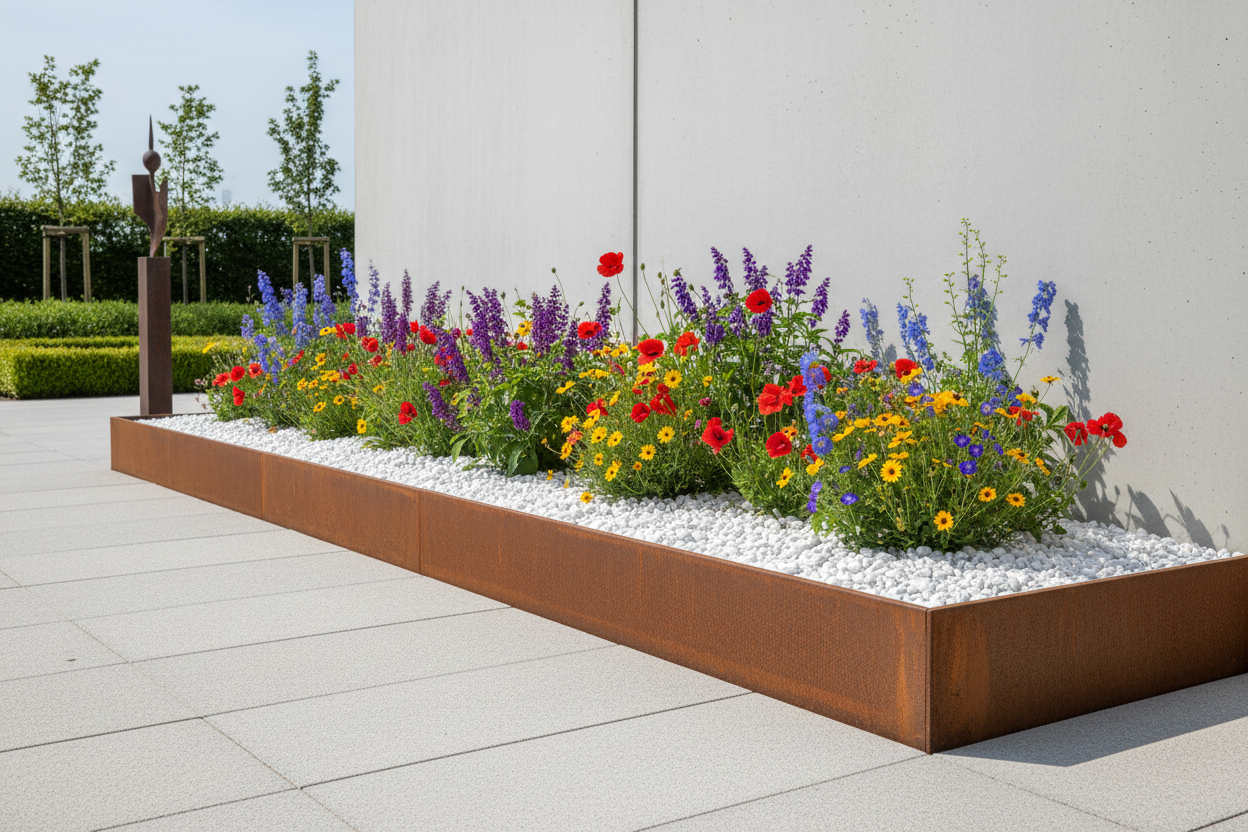 un jardin moderno y contra un muro un parterre recto de acero corten de 4 cm. de altura con grava blanca y flores