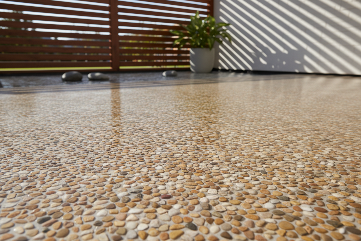 un pavimento hecho con sikafloor 169 tipo Alfombre de piedra o moquette de pierre en frances