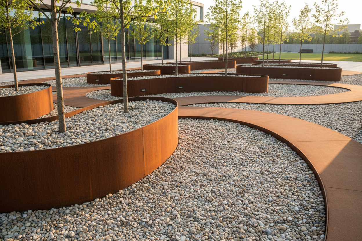 unos arboles en unos parterres curvos hechos con chapa de acero corten de 4 cm. y en la base grava decorativa
