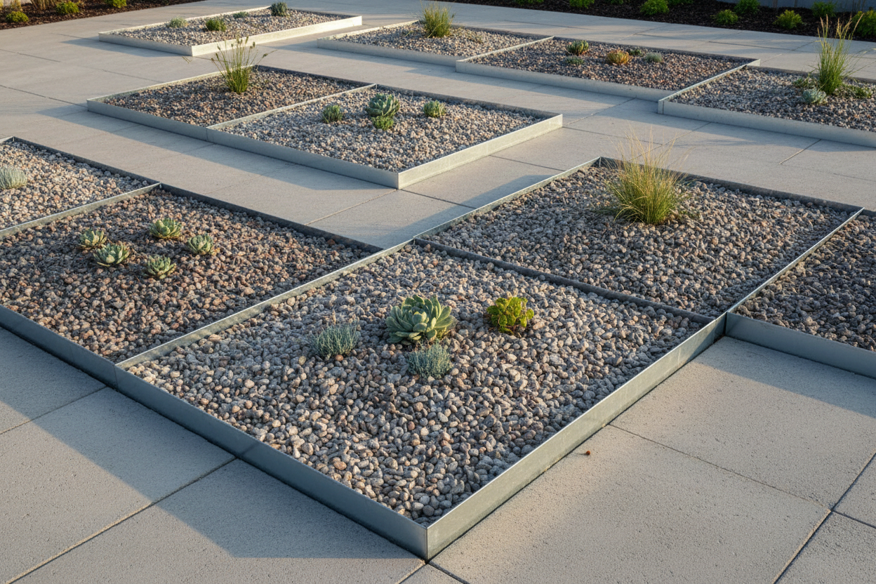 unos parterres con grava decorativa formados por una chapa de acero galvanizado de 5,5 cm. de alto