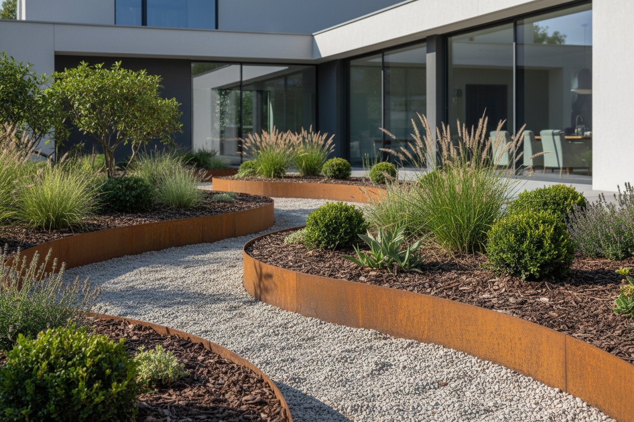 unos parterres curvos hechos con chapa de acero corten de 5 cm. de alto en el jardin de una casa moderna minimalista